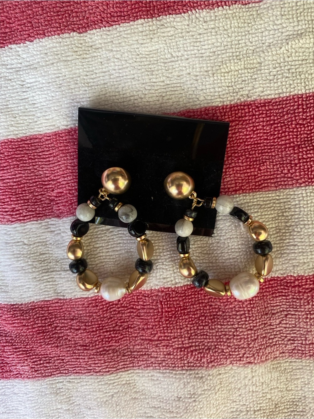 Gold and Black Beaded Hoop Earrings - Women Jewelry